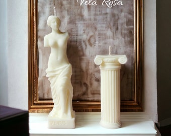 Venus statue with classic Greek column, candles gift set, pillar candles.