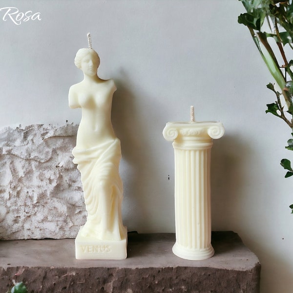 Venusstatue mit klassischer griechischer Säule, Kerzen-Geschenkset, Stumpenkerzen.