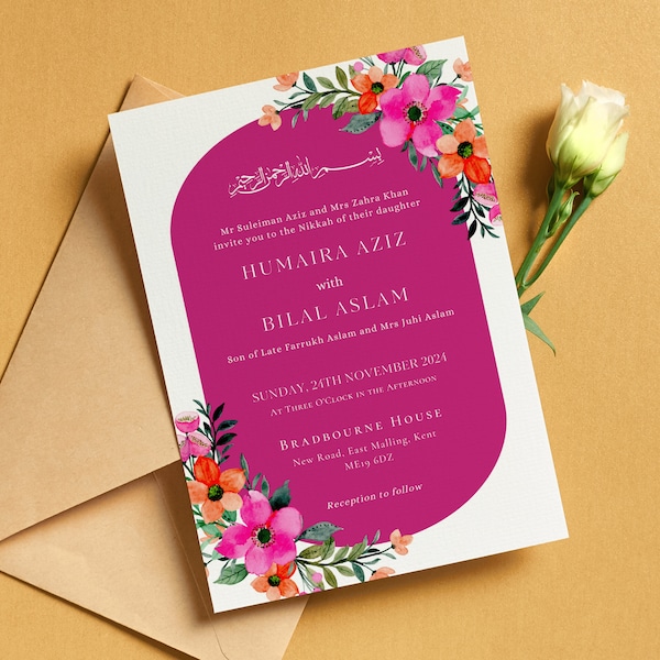 Muslim Nikkah Invitation Editable Template | Islamic Invite | Digital Download | Canva Template | Summer Floral Collection | Fuchsia Pink