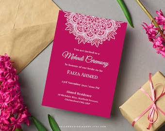 Lace Mandala Pink Invitation Template: Indian Mehndi, Bridal Shower, Sangeet, Haldi, Shaadi | Editable Canva Template | LM1