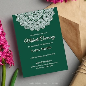Lace Mandala Green Invitation Template: Indian Mehndi, Bridal Shower, Sangeet, Haldi, Shaadi | Editable Canva Template