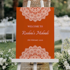 Lace Mandala Orange Welcome Sign Template: Printable Mehndi & Sangeet Sign | Editable Canva Template