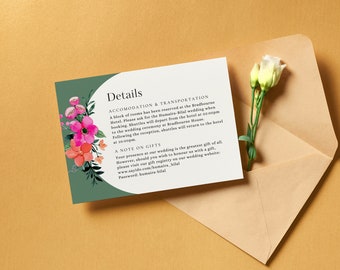 Wedding Details Card Editable Template | Wedding Printable | Digital Download | Canva Template | Summer Floral Collection | Sage Green