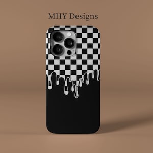 BLACK & White Checkered Dripping - Protective Phone Case for iPhone 14 13 12 11 Xs MagSafe Samsung Galaxy S22 S21 S20 Note Plus Ultra- Plaid