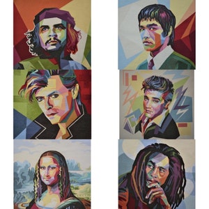 Puede incluir: Un collage de seis retratos de músicos y artistas famosos, cada uno en un esquema de color y estilo diferente. Los retratos son de Che Guevara, David Bowie, Elvis Presley, John Lennon, Bob Marley y Bruce Lee.