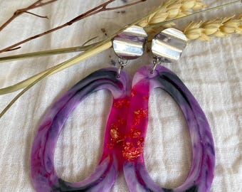 Marbled Resin Dangle Earrings • Pink, Violet & Gold Leaf, Handmade