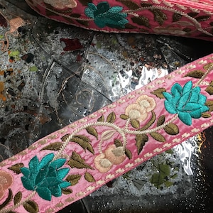 Shades of Beige/Turquoise/Sage Green Floral on Pink Background - Boho Style  Embroidered  Ribbon -  2 3/8&quot; Wide.