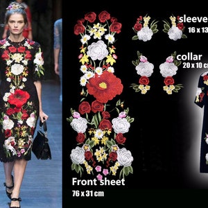 May include: A black dress with a floral embroidery design featuring red, white and yellow flowers. The dress has a short sleeve and a collar. The embroidery design is also available as separate patches for collars and sleeves. The patches are 16 x 13 cm for the sleeves and 20 x 10 cm for the collar. The front sheet of the embroidery design is 76 x 31 cm.