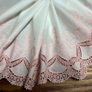 Pink Embroidery on Natural White - Broderie Anglaise on Voile - 31 cm Wide.