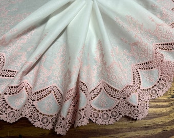 Pink Embroidery on Natural White - Broderie Anglaise on Voile - 31 cm Wide.