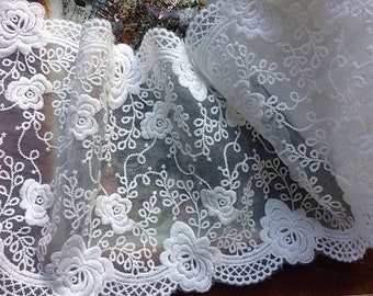 Natural White Embroidery on natural White Organza Background - Italian Lace - 17 cm Wide.