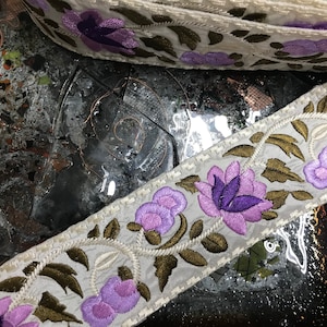 Shades of Purple/Lavender/Sage Green Floral on Off White/Ivory Background - Boho Style  Embroidered  Ribbon -  2 3/8&quot; Wide.