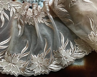 Beige Shinny Embroidery on Beige Soft Tulle Background - Double Border Italian Lace - 20 cm Wide.