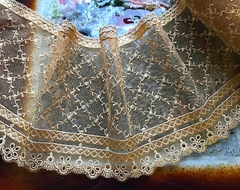 Gold or Embroidery on  Soft Tulle Background - Italian Lace - 13.5 cm Wide.