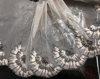 Grey/Blush Embroidery on Beige/Blush Soft Tulle  Embroidered Lace - 21 cm  Wide.