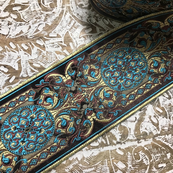 Turquoise Blue/Chocolate/Gold on Dark Brown Background w/Gold Filigree- Jacquard Ribbon - 9 cm Wide.