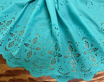 Teal  Embroidery on Teal  Background - Broderie Anglaise Cotton Eyelet Lace Trim -  49 cm Wide.