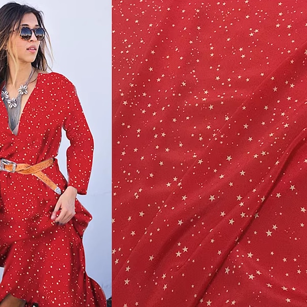 White Stars on Red Background- Mulberry Silk Crepe de Chine - 14 MM,  138 cm Wide