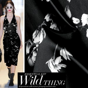 Floral Italian Stretch Silk Satin Fabric: White/Grey on Black