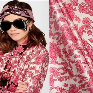 Shades of Pink/Red Floral on Natural White Background - Italian Stretch Silk Satin - 19 MM - 106 cm Wide.