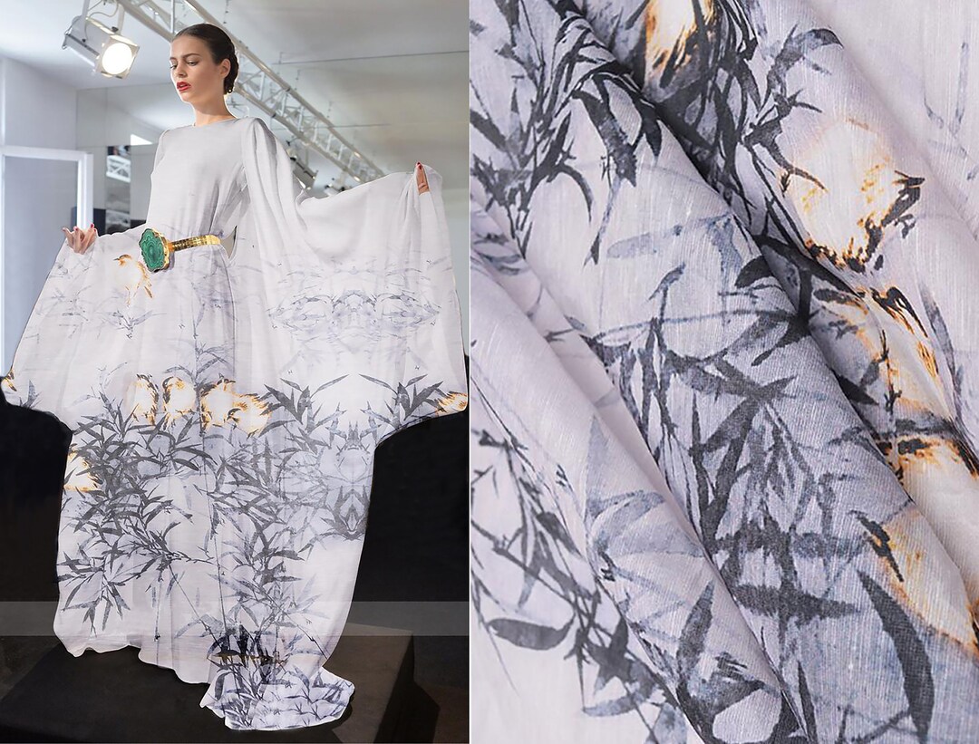 Grey and Gold Print on White Background Silk Linen 130 Cm Etsy