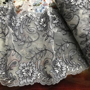 Shades of Grey on Light Grey Background -Soft and Shiny Double Border -  Italian Embroidered Tulle  Lace -18 cm  Wide.