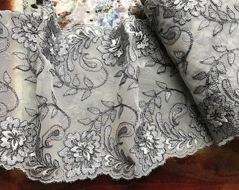 Shades of Grey on Light Grey Background -Soft and Shiny Double Border -  Italian Embroidered Tulle  Lace -18 cm  Wide.
