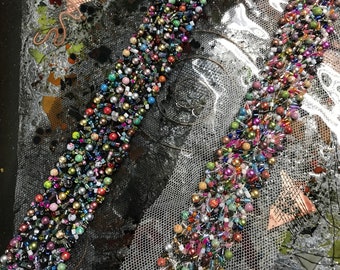 Multi Color Beads on Black Tulle -  Handmade Beaded  Trim -  3 cm Wide.