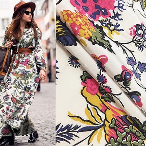 Multi Color Floral Print on Off White Background - French  Silk Crepe de Chine - 16 MM - 115cm Wide.