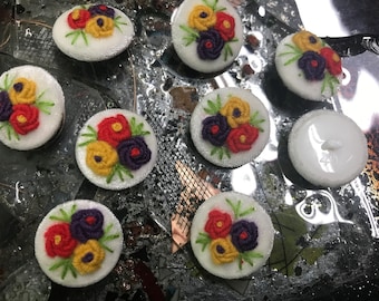 White Velvet Hand-Made - Purple/Red/Yellow Flowers - Embroidered Button - 28 MM  Width.