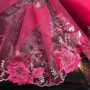 Shades of Rose/ Beige/White with Silver Stitching Embroidery on Rose Thin Tulle Background - Italian Lace - 22 cm Wide.