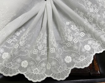 White Embroidery on White Background -  Broderie Anglaise Lace on  Cotton Voile - 26 cm Wide