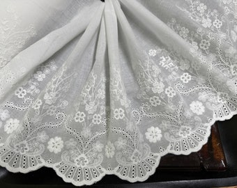 White Cotton Voile Broderie Anglaise Lace – Floral Embroidery, 26cm Wide