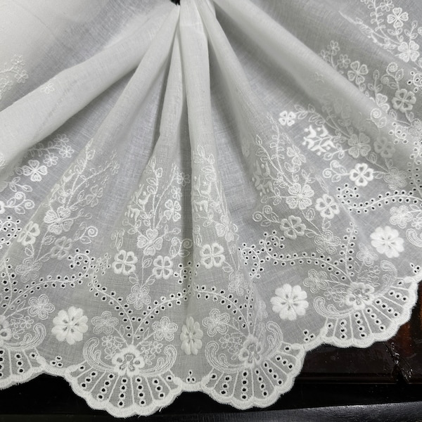 White Embroidery on White Background -  Broderie Anglaise Lace on  Cotton Voile - 26 cm Wide