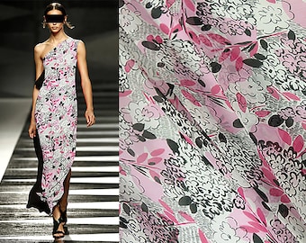 Shades of Pink Black Grey Floral on Natural White Background Silk Georgette, 12 mm Weight,  100%  Mulberry Silk 114 cm Wide.