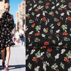 Multi Color Floral on Black Background - Mulberry Silk Crepe de Chine - 16 MM,  138 cm Wide