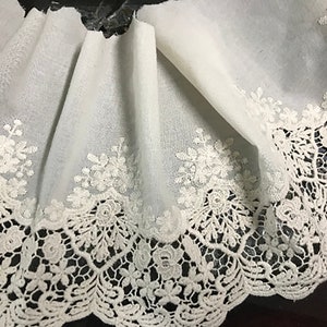 Beige embroidery  on Natural White Cotton Voile - Broderie Anglaise - 21 cm Wide.