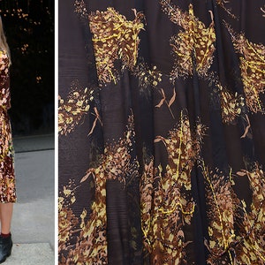 Shades of Browns and Yellows on Black Background - Italian Embroidered Silk Chiffon - 8 MM - 113 cm Wide.