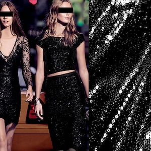 Black Sequined Silk Georgette - Mulberry Silk - 138 cm Width.
