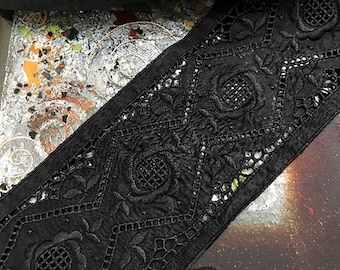 Black on Black Broderie Anglaise Lace Insert: Cotton Voile Embroidery, 11.5cm Wide