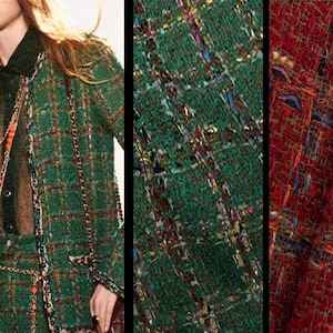 Green and Dark Tan W/Blue,Beige,Brown,Pink,Black - In a  Geometric Pattern - French Tweed - 152 cm Wide.