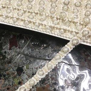 Pearl and Glass Beads w/Gold Thread on Off White- Handmade Trim - 1 cm Wide.