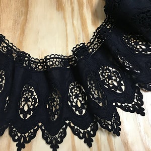 Black Embroidery on Black Background -  Broderie Anglaise Lace on  Cotton Voile - 15 cm Wide.