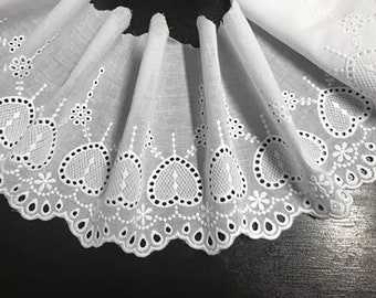 Natural White Sweet Hearts Embroidery - Broderie Anglaise Lace on  Cotton Voile - 18 cm Wide.