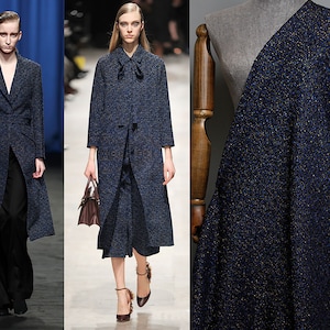 Gold/Blue Shiny Speckles and Navy Blue and Black Ribbons  - French Tweed - 148cm Wide.