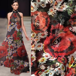 Multi Color Peonies and Daisies Floral on Black Background - Italian Silk Organza - 8 MM, 137 cm Wide.