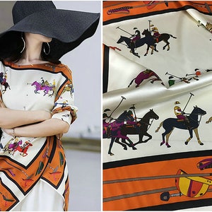 Equestrian Print on Off White Background, French Stretch Silk Satin - 19 mm - Panels of: 68 cm length x 140 cm Width.
