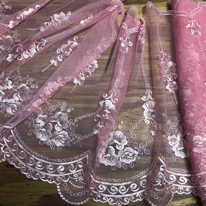 Pink  Embroidery on Pink Scalloped on Both Sides - Soft Tulle  Embroidered Lace -43 cm  Wide.