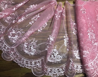 Pink  Embroidery on Pink Scalloped on Both Sides - Soft Tulle  Embroidered Lace -43 cm  Wide.