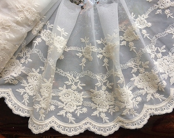 Beige -  Embroidered  Soft Tulle  Lace  - 21 cm  Wide. Imported.